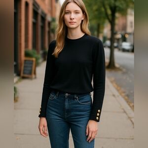 Liz Clayborne Merino Wool Knit Pullover Sweater Brass Button Trim Med